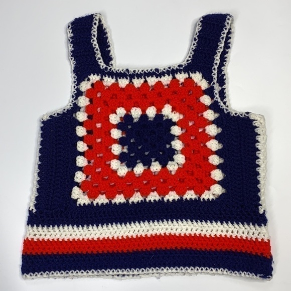 Crochet Knitted Granny Square Red White & Blue Tank Top - Picture 2 of 4